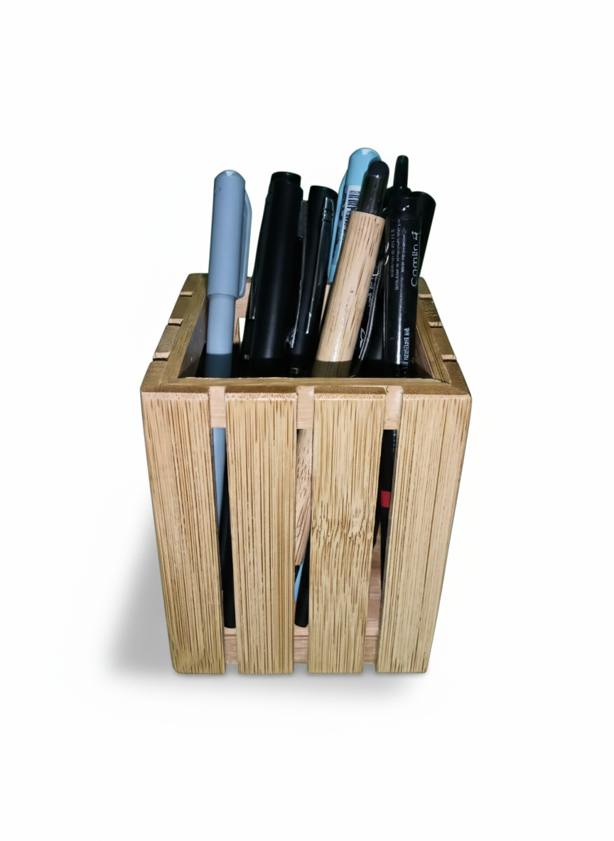 Eco-Friendly Bamboo Wooden Square Pen Stand – Minimalist Desk Organizer for Home