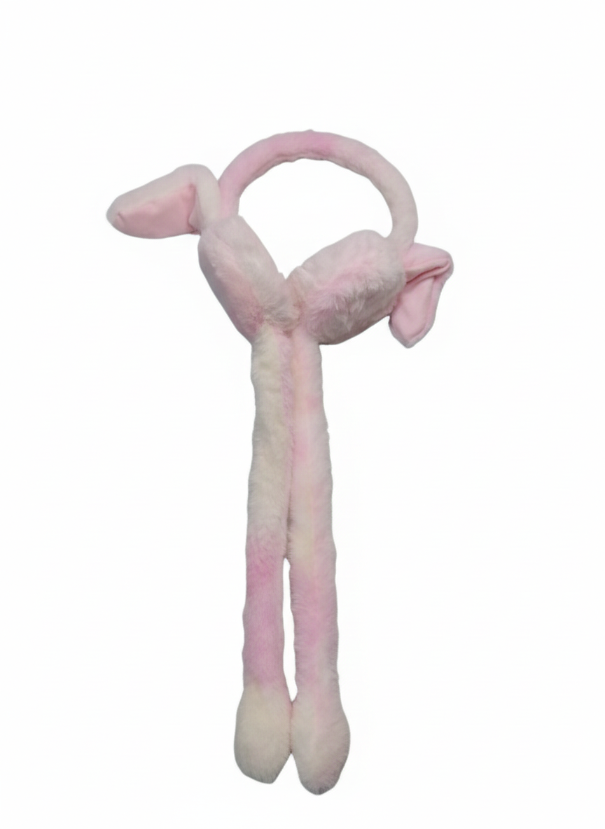 Cute Bunny Ear Plush Hat with Long Paws | Soft Warm Winter Ear Cover Cap for Kids & Adults | Pink Rabbit Fluffy Earmuff Cap | Moving Ear Jump Hat for Winter, Cosplay & Gifting